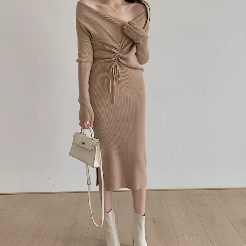 

French Fashion V-Neck Drawstring Knit Long Dress Women Korean Elegant Long Sleever Office Sweater Dresses 2021 Autumn Winter New