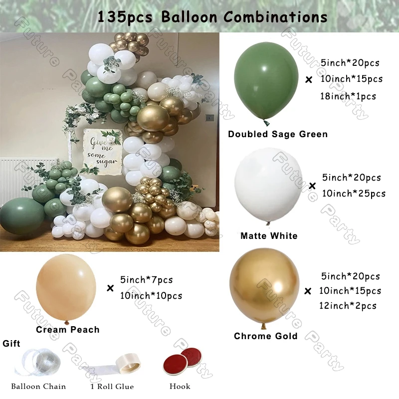 Kit de arco de globos verdes de doble Salvia, guirnalda de oro cromado, decoraci&oacute;n blanca para boda, fiesta de cumplea&ntilde;os, Baby Shower, 135 piezas-1