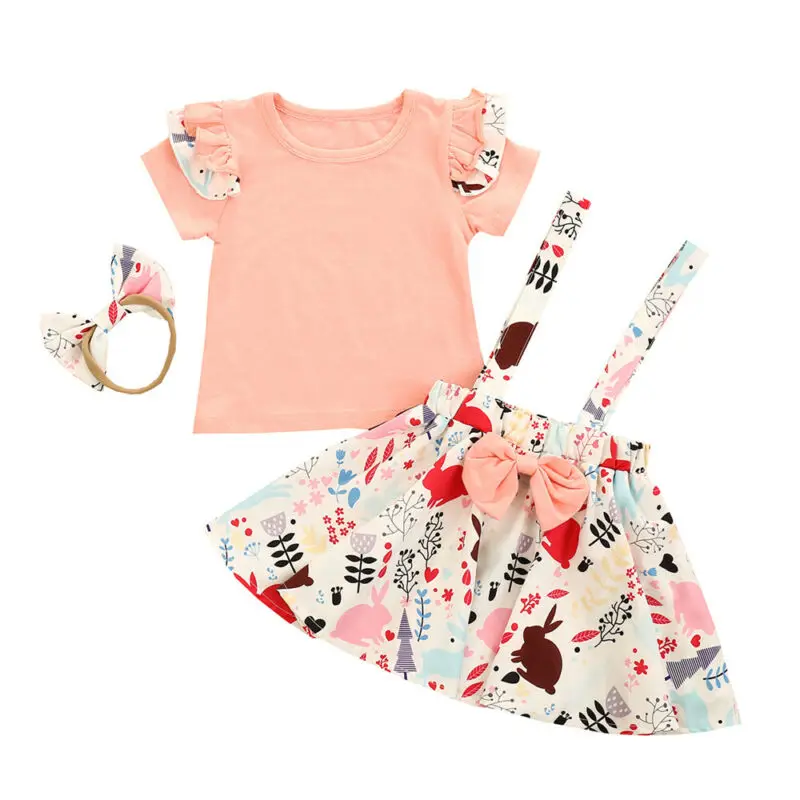 

Girl Short Sleeve Suit Summer Baby Ruffle Cotton T-shirt Cartoon Rabbit Print Strap Skirt Butterfly Hair Band Three Piece Set