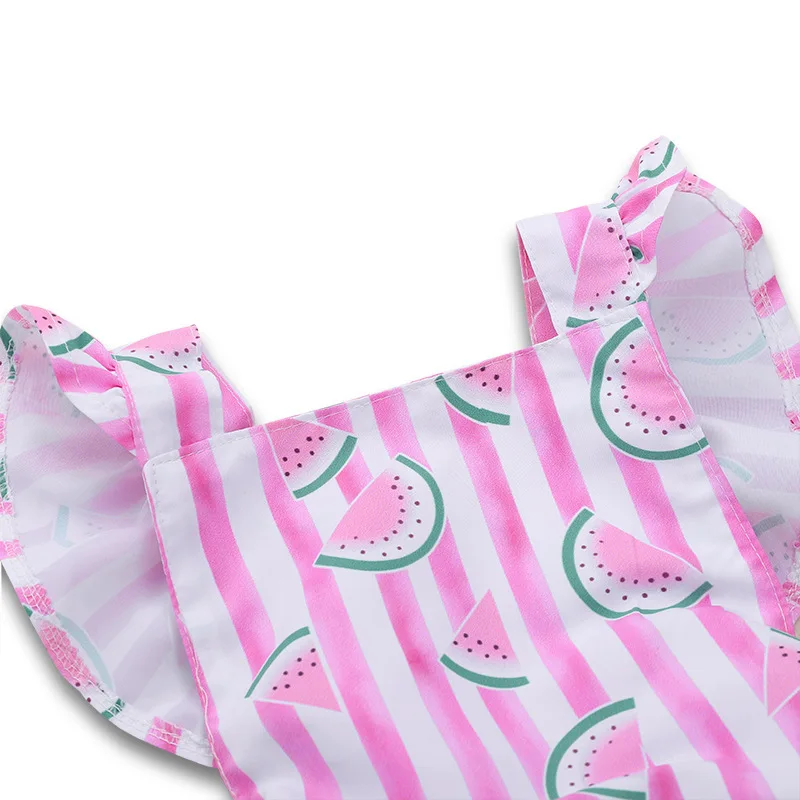 Милый розовый Боди в полоску с принтом арбуза рукавами-крылышками и открытой