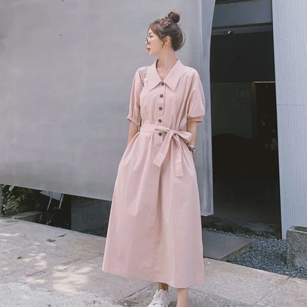 

Mori Style Short Sleeve Lace-up Waist-Controlled Dress Female Student Korean Style