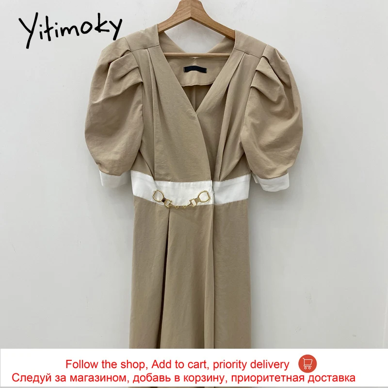 

Yitimoky Temperament Puff Sleeve Woman Dress 2021 Summer V-Neck Metal Decoration High Waist Korean Solid Ankle-Length Dresses