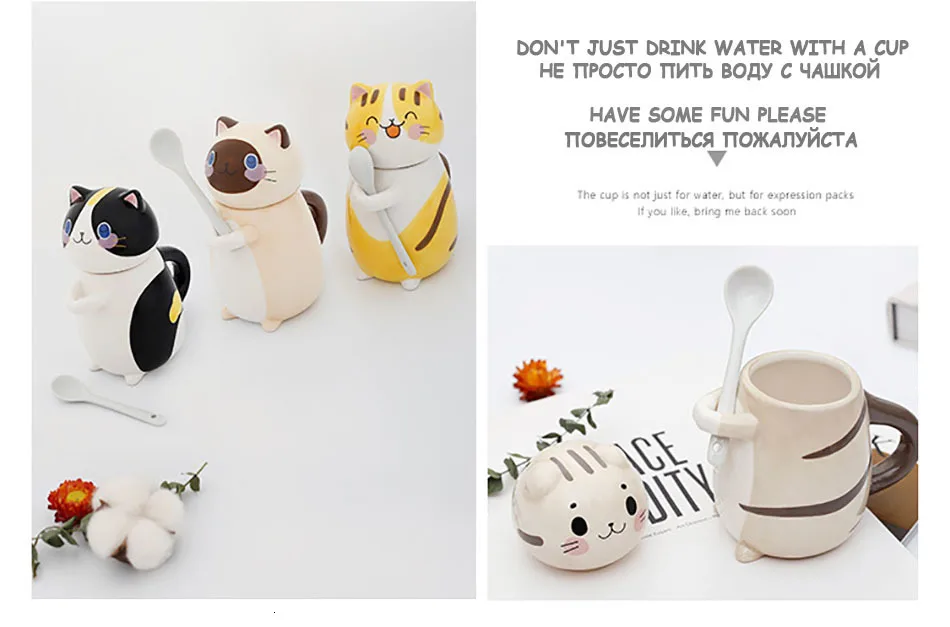 Cute Cat Mug With Lid Handmade Printed Coffee Cups And Mugs With Cat Lid Spoon Ceramic Creative Cartoon Cat Coffee Mug Cup