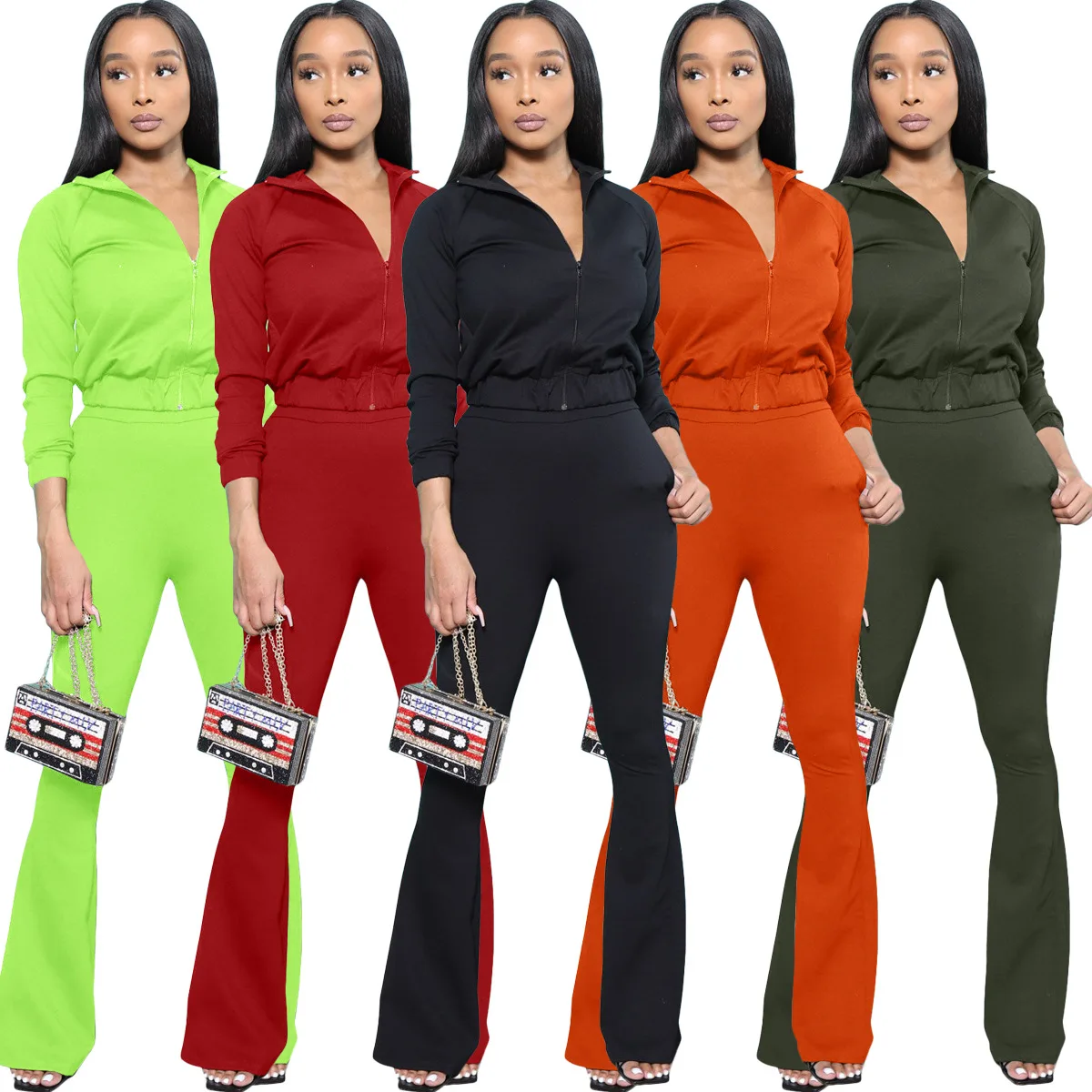 

Zipper Solid Color Two Piece Sets Long Sleeves Mid Waist Bell Bottom Pants Floor Length Stand Collar Wholesale Dropshipping