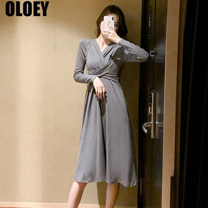 

Korean 2021 Autumn Winter New Women French Elegant V-Neck Office Dress One Piece Female Fashion Long-Sleeve Evening Party Dress