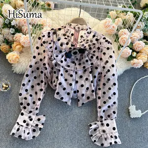 Новинка весна-лето 2021, Женская газовая рубашка в горошек с бантом и пышными рукавами с оборками, женские шикарные облегающие блузки из органзы, женские милые рубашки