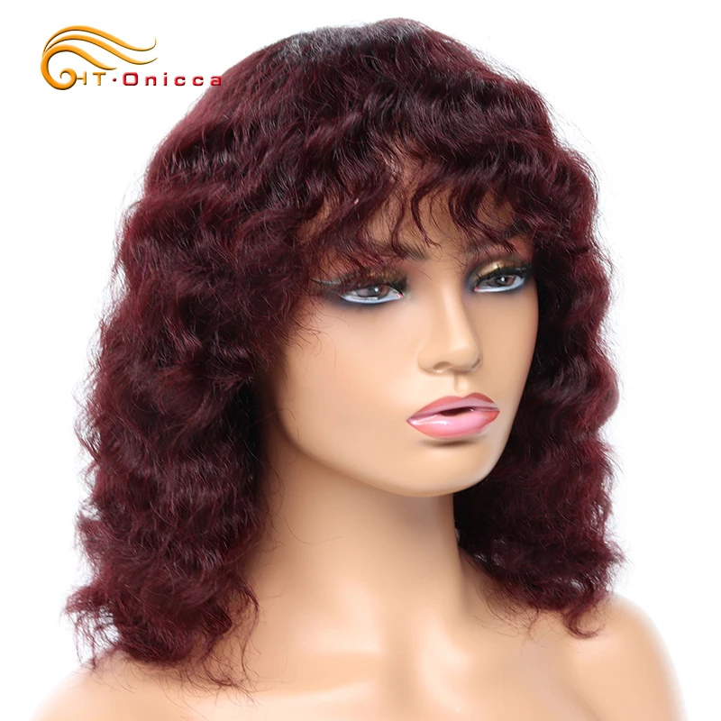 Short Human Hair Wigs For Women Deep Wave Brazilian Hair Wigs With Bangs Glueless Full Machine Wig Remy Human Hair