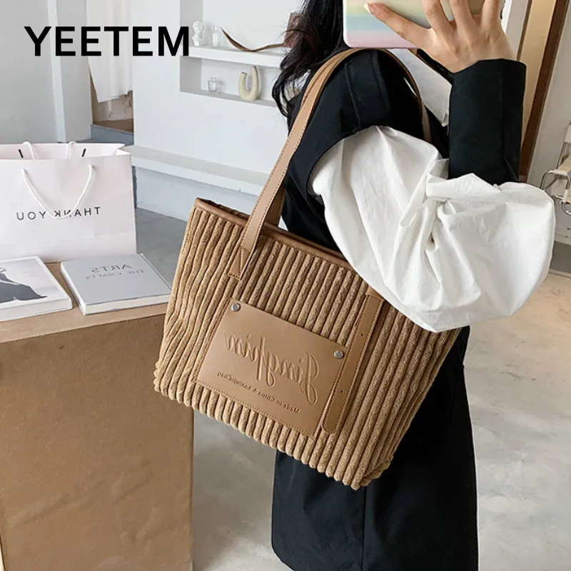 

Women Patchwork Shoulder Bag Soft Plush Stripes Design New Satchels Cloth Fabric Tote For Ladies Corduroy Leather Handbag Female