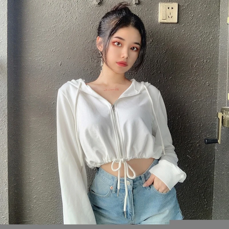 

Women Long Sleeve T-shirt Street Style Waist Closing Hoodie Women's Basic Versatile Loose Thin Solid Color Long Sleeve Coat