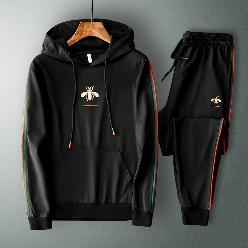 

New Spring Autumn Hooded Men Pullover Elastic Casual Embroidered Clothes Sport Suit Long Sleeve Trousers Two Piece Set Tracksuit