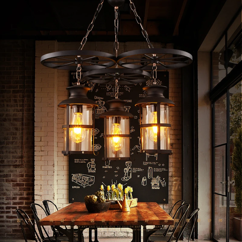 Kopen Retro Industriële Stijl Kroonluchter Koffie Restaurant Bar Eettafel Loft Creatieve Persoonlijkheid Drie Smeedijzeren Wiel Lampen