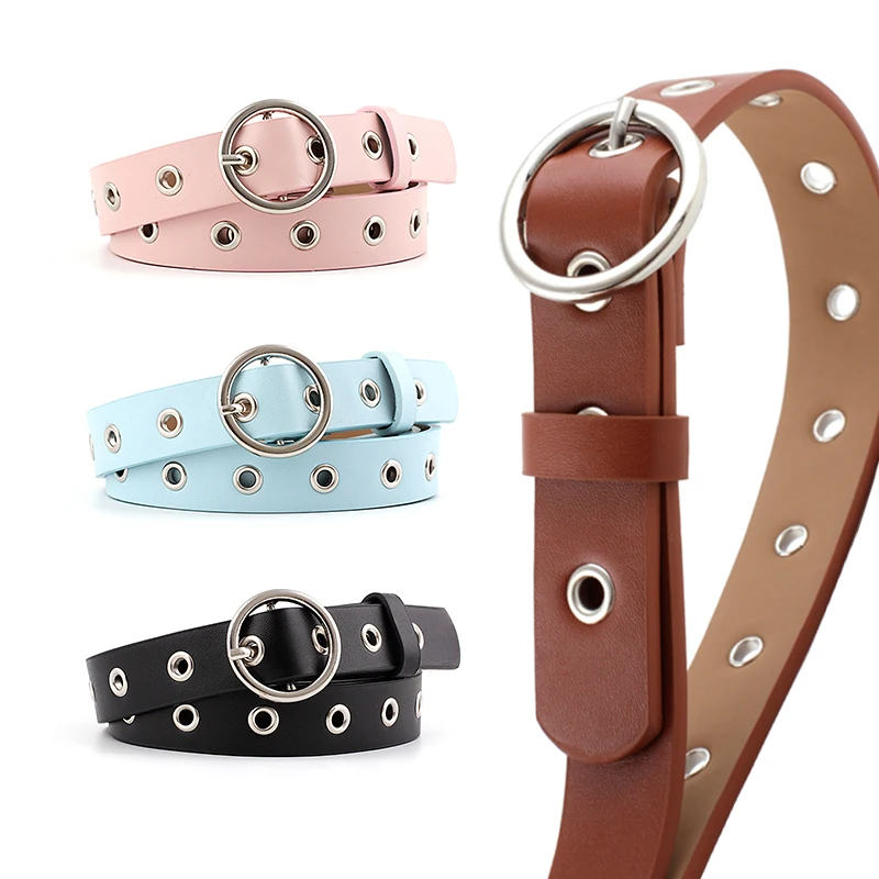 

Hot Fashion Belt Ladies Fashion Round Button Decoration Denim Shorts Casual Korean Style Hollow Eyelet PU Belt