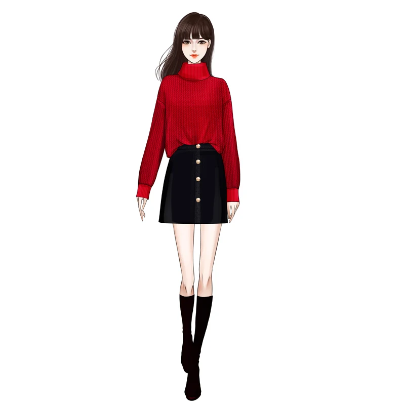 

2020 new winter black skirts two pcs leisure suits female red turtleneck pullover sweater outfit women knitwear fall winter set