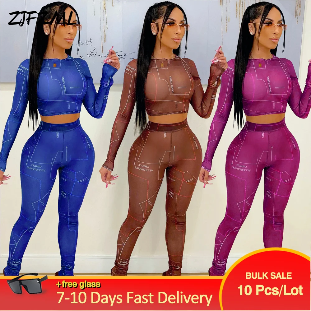 

Wholesale Bulk Items Lots Midnight Style Bodycon Women's Outfits Mesh Transparent Full Sleeve Crop Top+skinny Trouser Co Ord Set