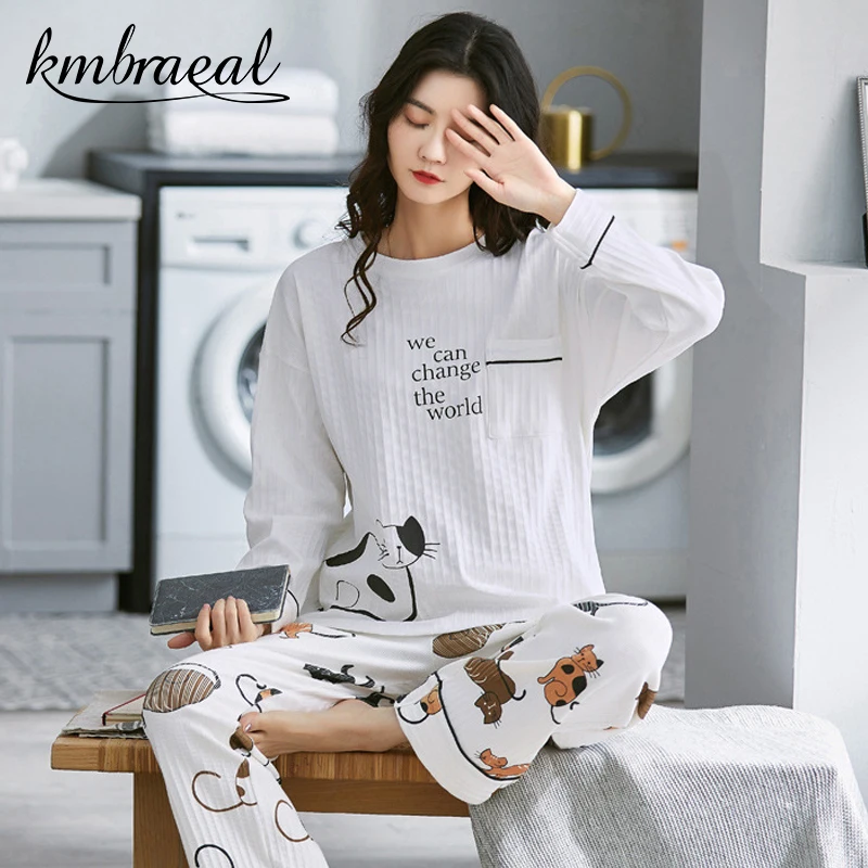 

Pajamas for Women Cotton Korea Autumn cartoon Cat Long-Sleeved Trousers 2 Piece Homewear Comfortable Sleepwear Plus Size M-3xl