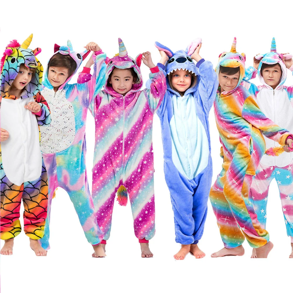 

Boy Girl Stitch Unicorn Pajamas Onesie Kids Kigurumi Anime Panda Pijama Winter Warm Women Nightie Unicornio Sleepwear Overalls