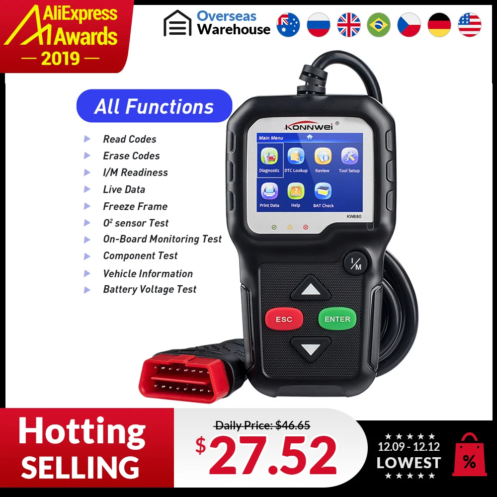 Konnwei KW680 сканер для чтения кодов, многоязычный, полная функция obd2, кВт 680 в русском, автомобильный диагностический инструмент, pk AD310 OM123