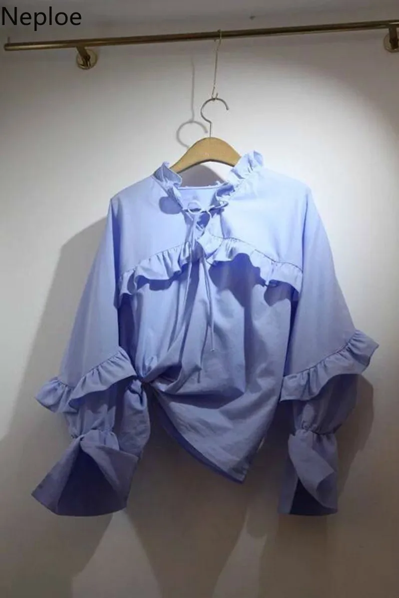 

Ruffles Blouse Women Spring 2020 Solid V Neck Long Sleeve Ladies Blusa Shirts Fashion Casual Loose Female Tops 1A921