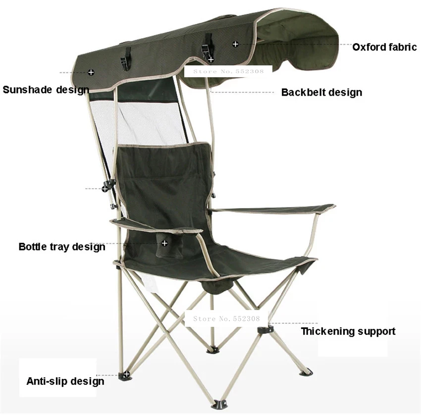 구매 Portable Folding Fishing Chair With Sunshade Oxford Fabric Steel Tube Beach Chair Backrest Foldable Picnic Camping Outdoor Chair