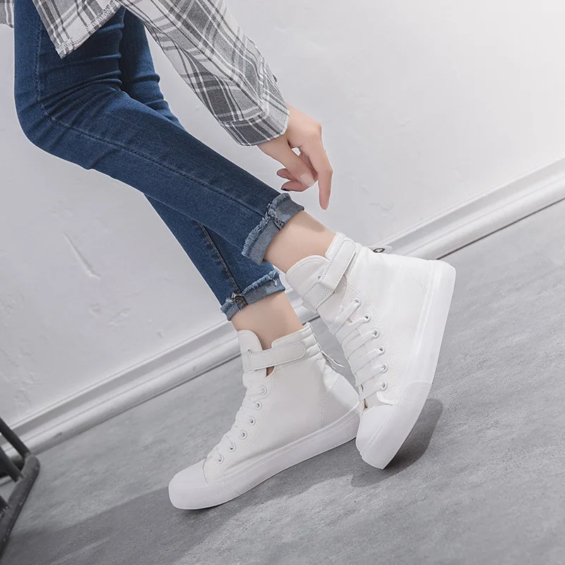 Белые высокие парусиновые кроссовки на платформе Женские шнуровке Спортивные