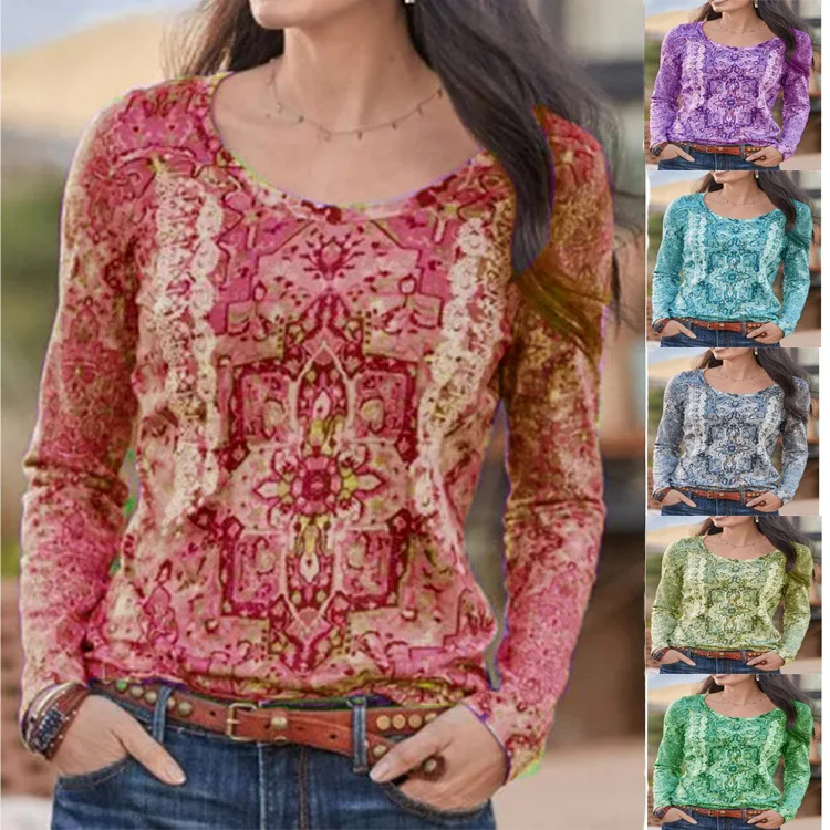 

Новинка 2021, нижняя рубашка, топы с принтом в стиле ретро на весну и осень, футболка в этническом стиле, женский свитер с длинным рукавом, верх