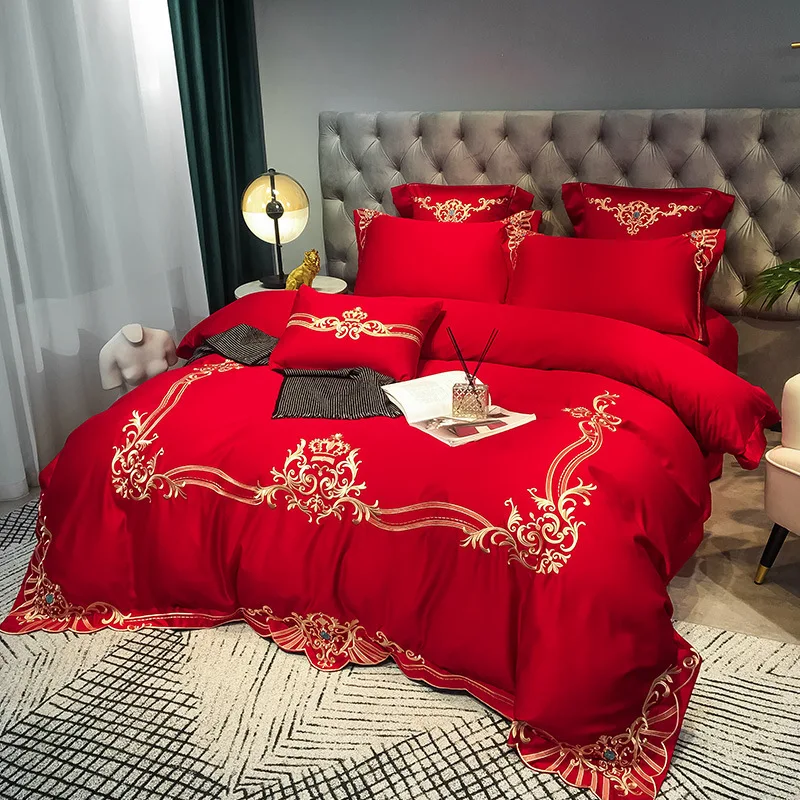 

White Egyptian Cotton Bedding set US King Queen size Chic Golden Embroidery Bedding sets Super Soft Bed sheet set Duvet cover