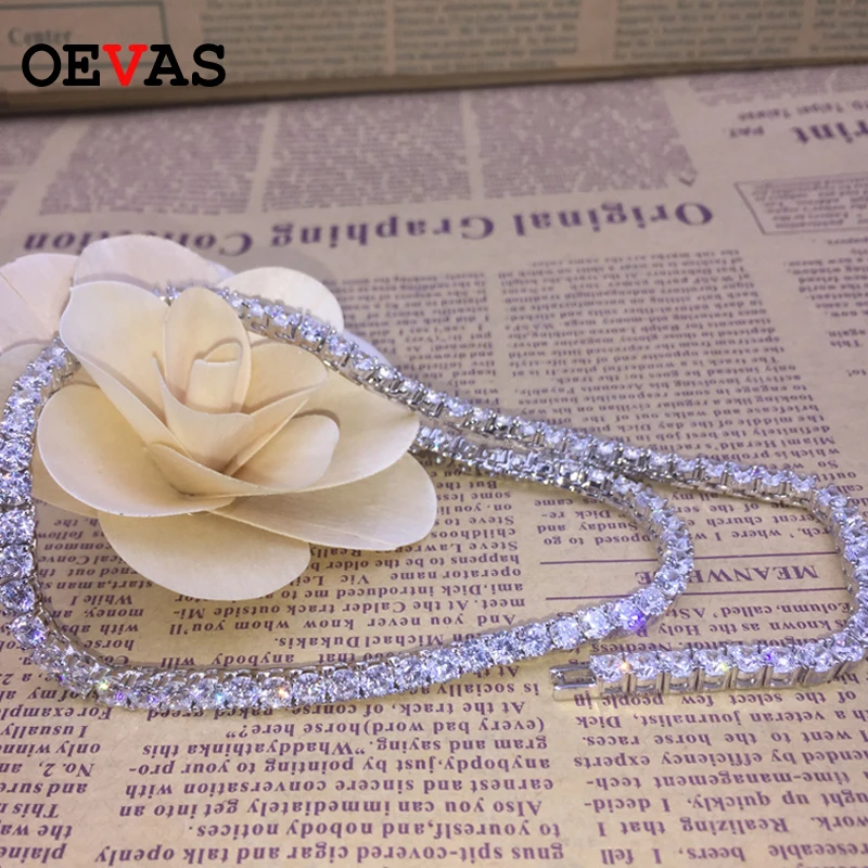 

OEVAS 100% 925 Sterling Silver 35cm Colorful 4mm Round High Carbon Diamond Necklace For Women Wedding Party Fine Jewelry Gifts