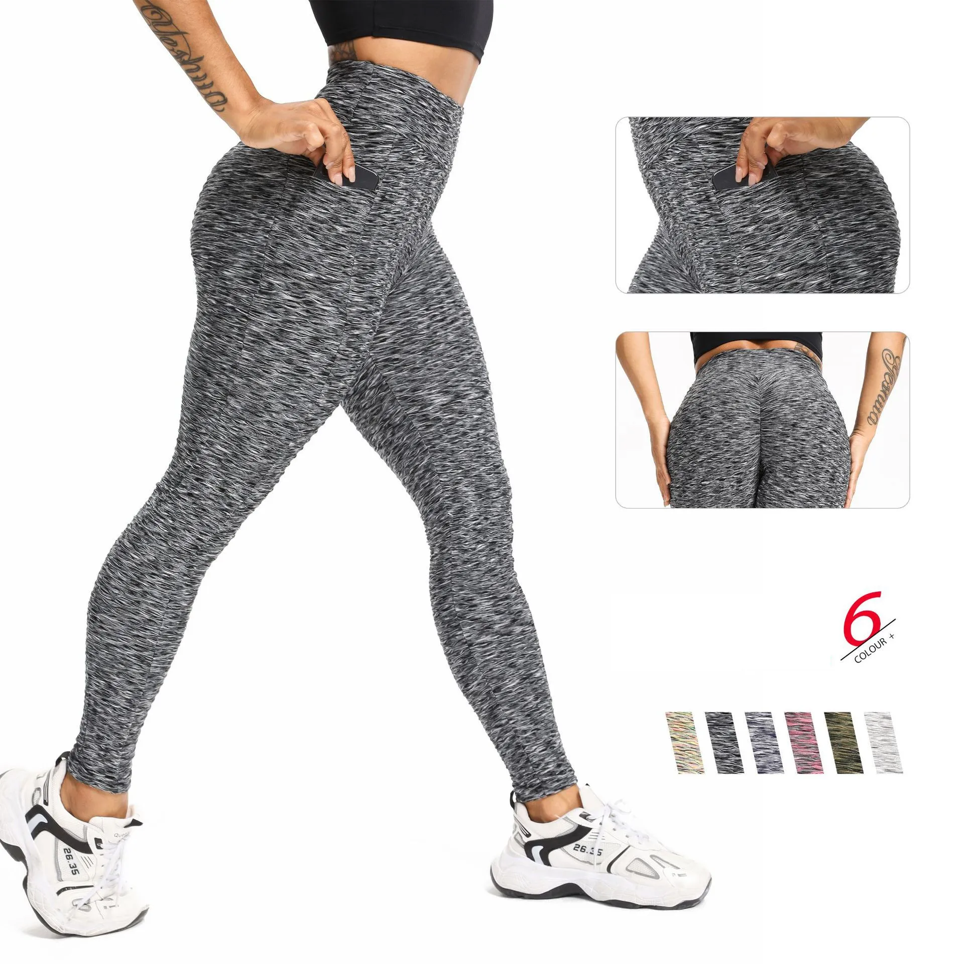 

Sports fitness women's high waist pants Hip lift Leggings Absorb sweat Slim Colorful jacquard Pocket yoga pants
