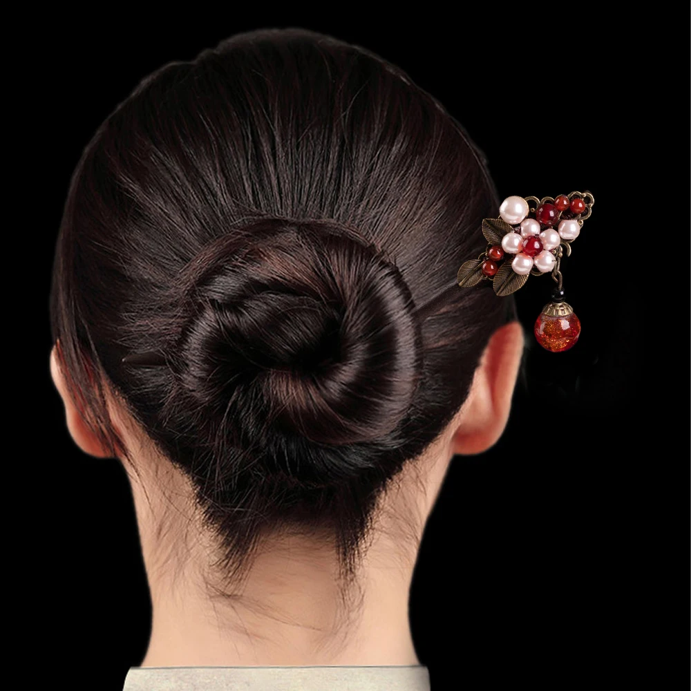 

Retro Chinese Style Ancient Costume Hairpin Wooden Imitation Tassel Flower Beaded Crystal Hair Fork Girl Hanfu Headdress