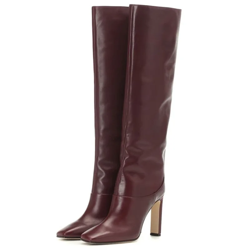 

Women Fashion Square Heel High Heel Boots Knee High Leather Square Toe Sexy Boots Autumn Winter Shoes