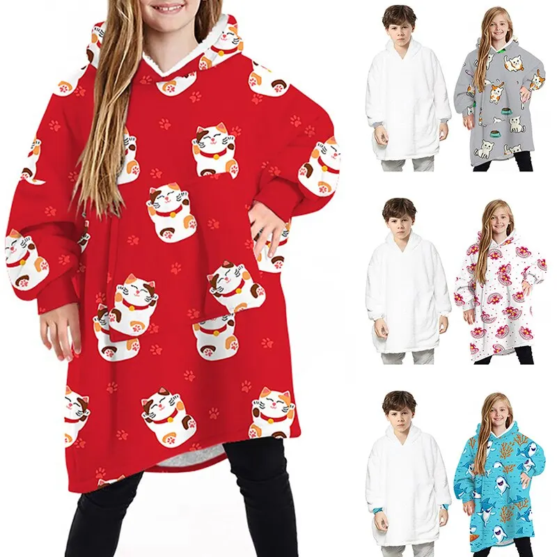 

Winter Sherpa Blanket Children Warm Printing Plush Coral Fleece Sherpa Blanket With Sleeves Hoodie Hooded Blanket Double-sided