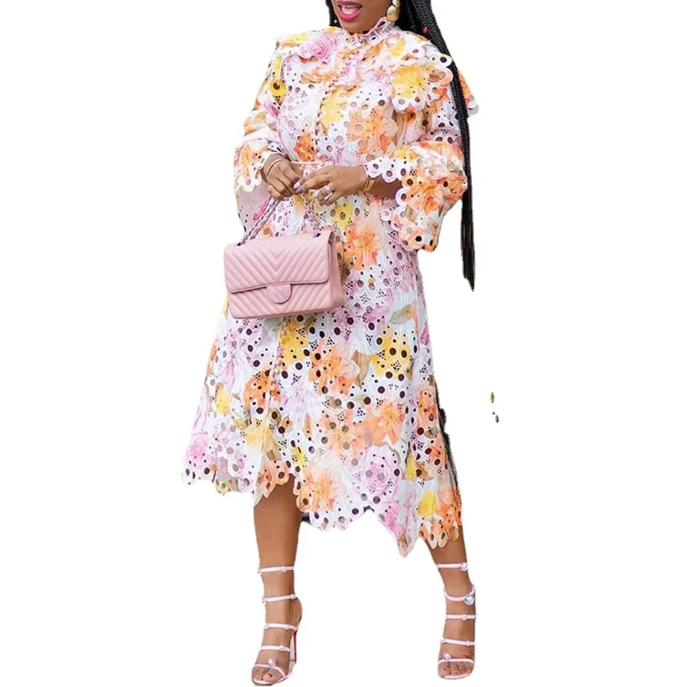 

Temperament Printing Women's Dress Autumn New 2021 Fashion Printing Hollow Out Stand-up Collar Lantern Sleeve Cardigan African