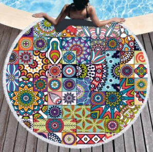 

Mandala Print Round Beach Towel Sunscreen Shawl Microfiber Bath Towel Outdoor Picnic Mat Tassel Edge Fitness Yoga Blanket