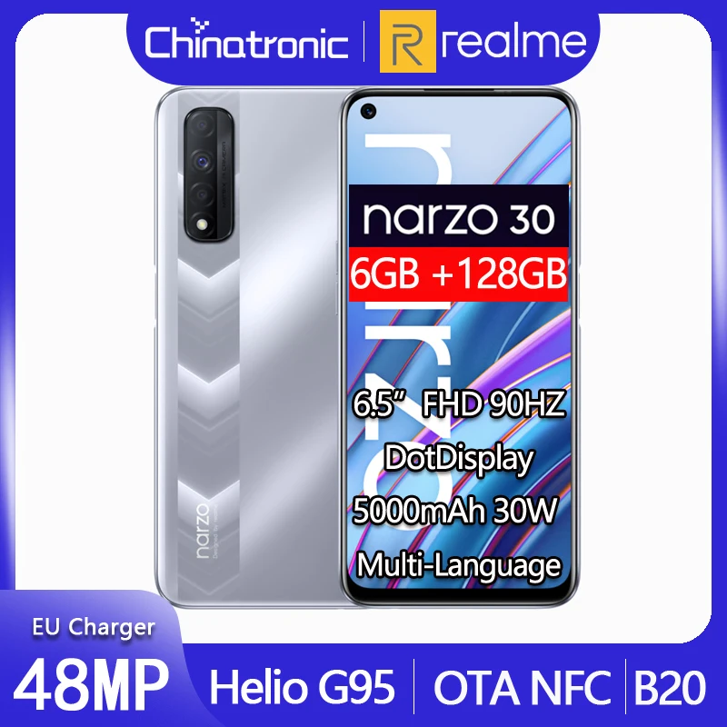 Смартфон Global realme Narzo 30 6 + 128 ГБ 5 дюйма FHD 90 Гц 5000 мА · ч 48 МП тройная камера
