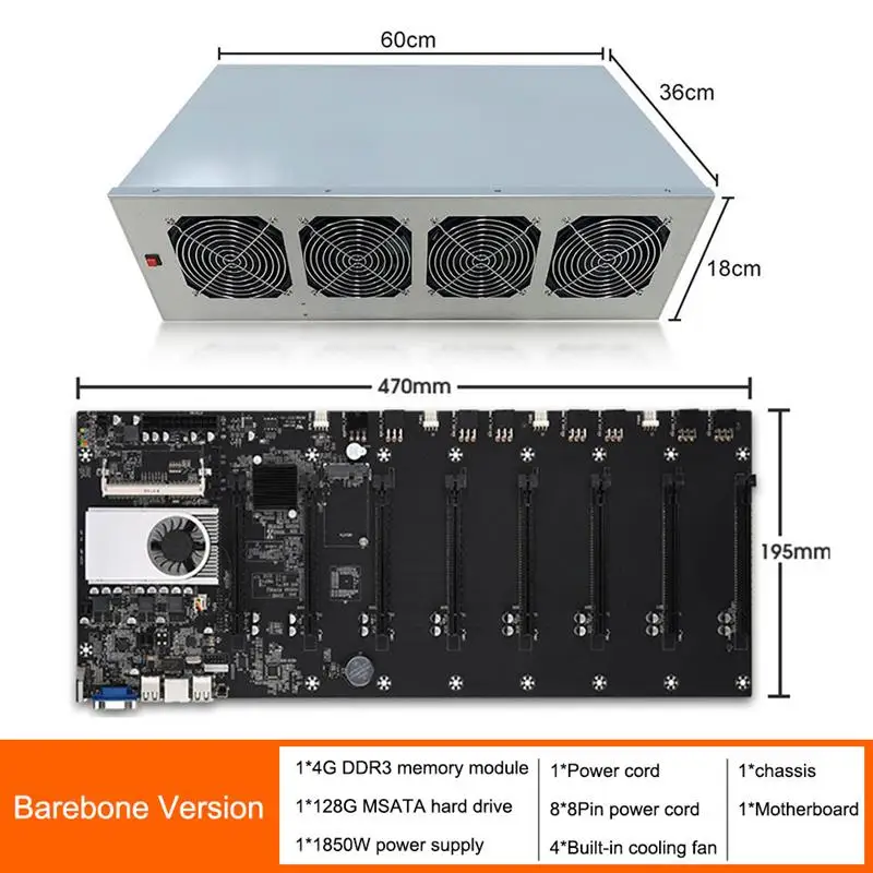 

A Set 1850W PSU+4G DDR3+128G MSATA SSD+8Pcs 8pin Power Cable+4PCS Cooling Fan+BTC-T37 Motherboard For Mining Bitcoin ETH Rig