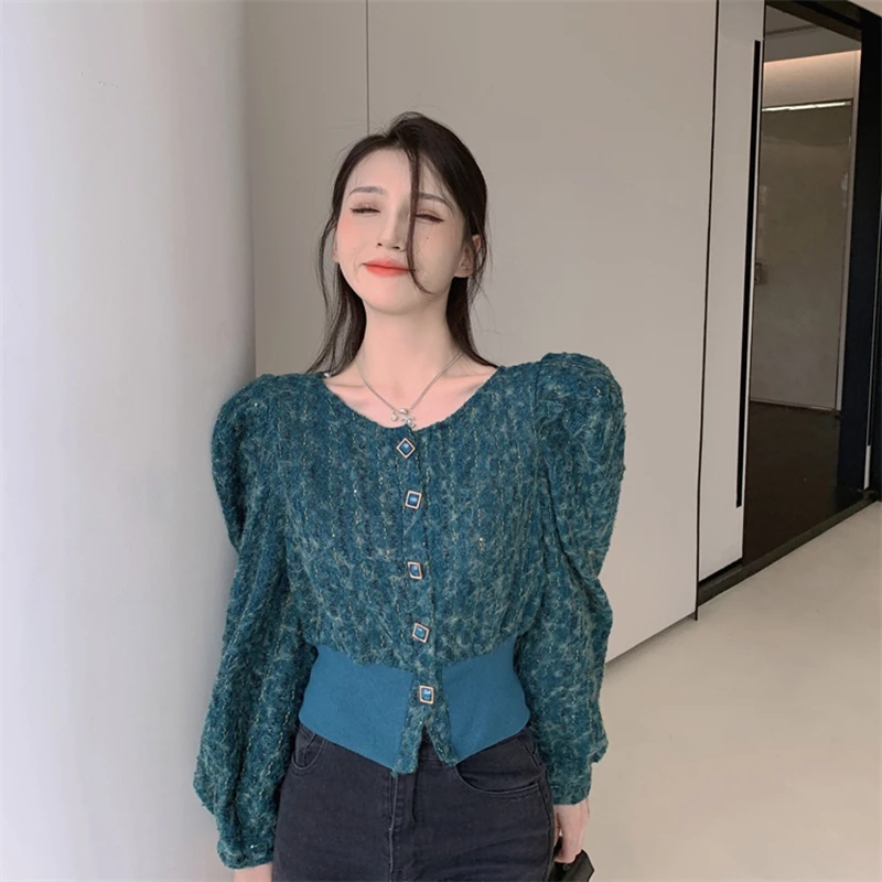 

ASH 2021 Autumn And Winter New Women's Puff Sleeve Jacket Fashion Waist Was Thin And Western Style Hit Color Casual Top