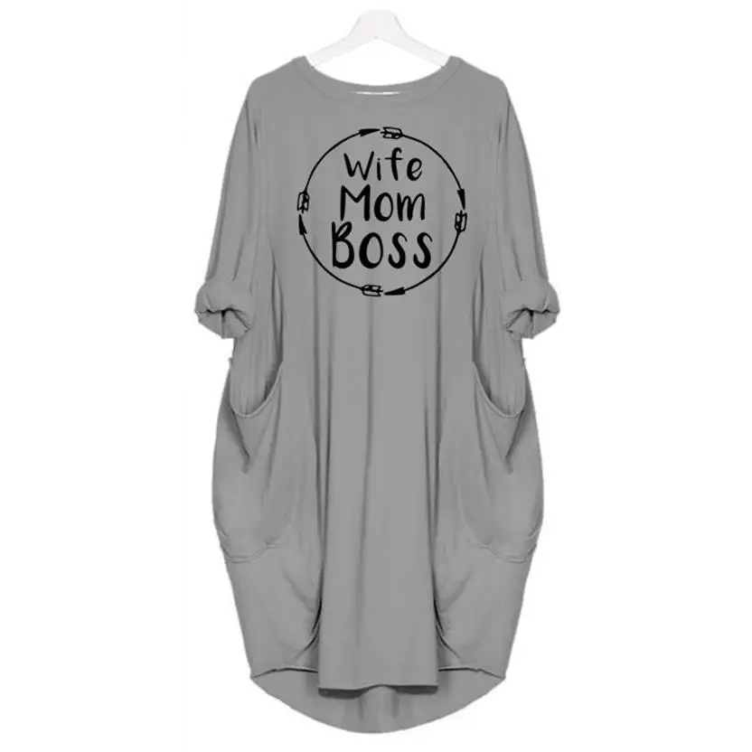 

100% Premium Cotton Wife Mom Boss Letters Print Pocket Dress Dress Clothing Maxi Women Vestidos Ukraine Boho Plus Size