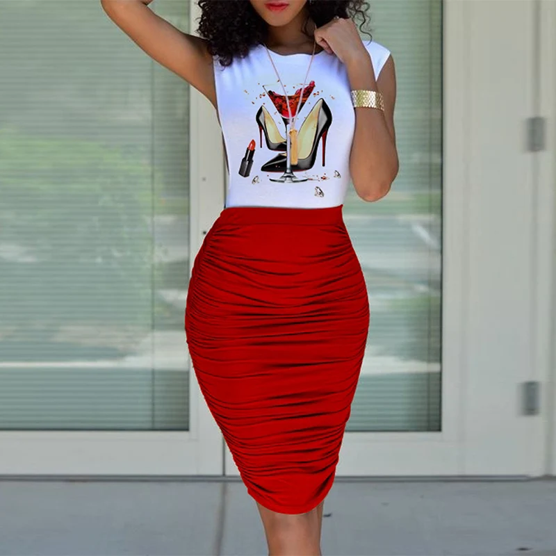 

Elegant Ladies Sleeveless O Neck T Shirt Tops + Sexy Slim Pleated Skirts 2022 Summer Women Two Piece Set New Printed Skirt Suits