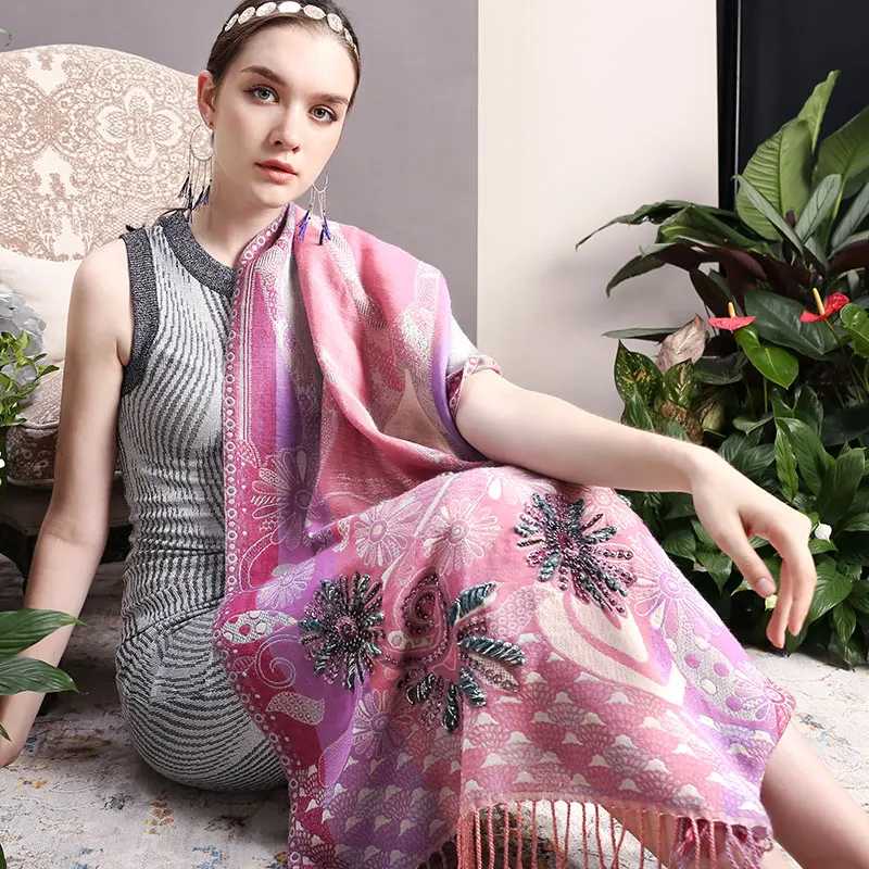 100% шарф из мериносовой шерсти женский роскошный брендовый индийский вышитый