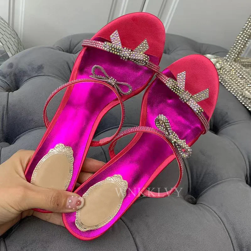 

Summer Thin High Heel Slippers Women bow decor Silk Narrow Band Sandals Sexy Party Fairy Shoes shiny crystal Runway Sandalias
