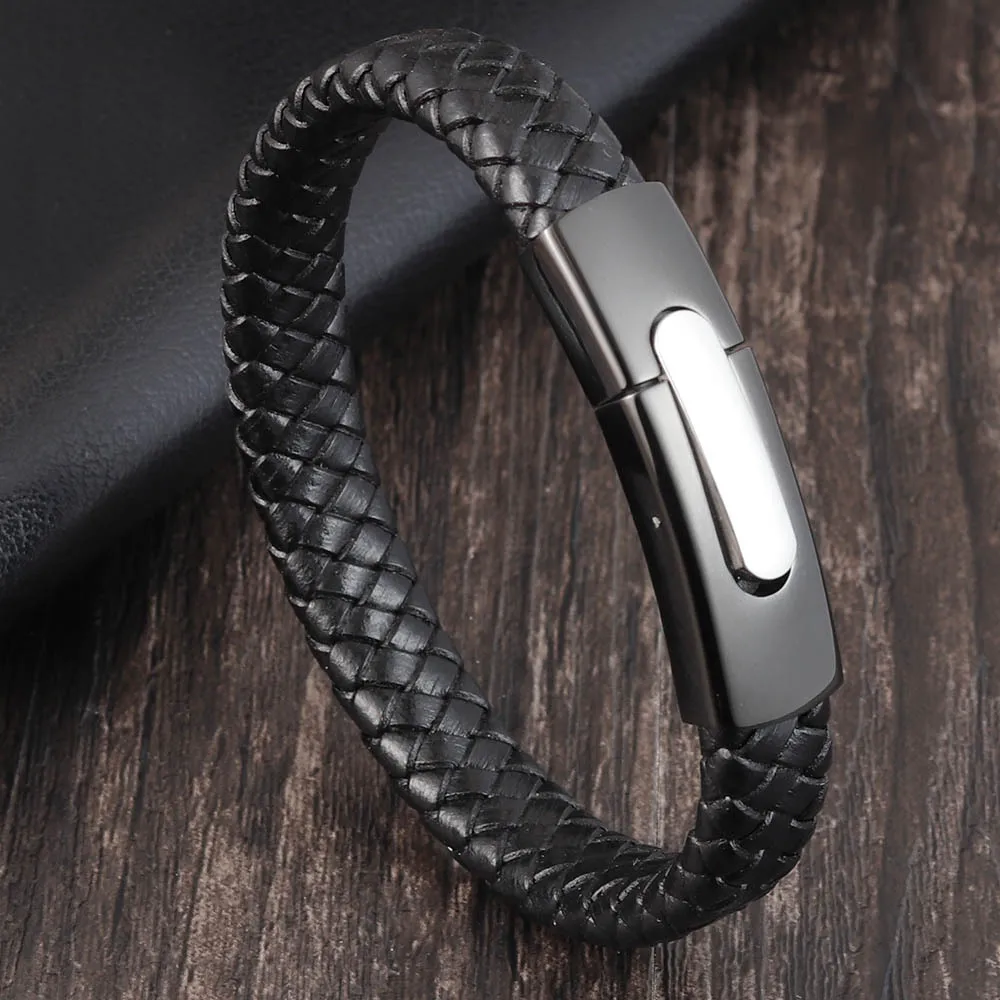 

Stainless Steel Accessories Men's Genuine Leather Bracelet Black Genuine Leather Multicolor Choice Beautiful Boy Birthday Gift
