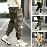 mens cargo pants summer thin korean fashion ankle banded pants loose viscose fiber ankle length pants casual harem pants black