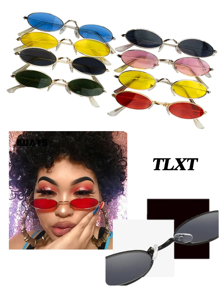 

Retro Small Oval Sunglasses Women Vintage Brand Shades Black Red Metal Color Sun Glasses Fashion Design Eyeglasses Decorative