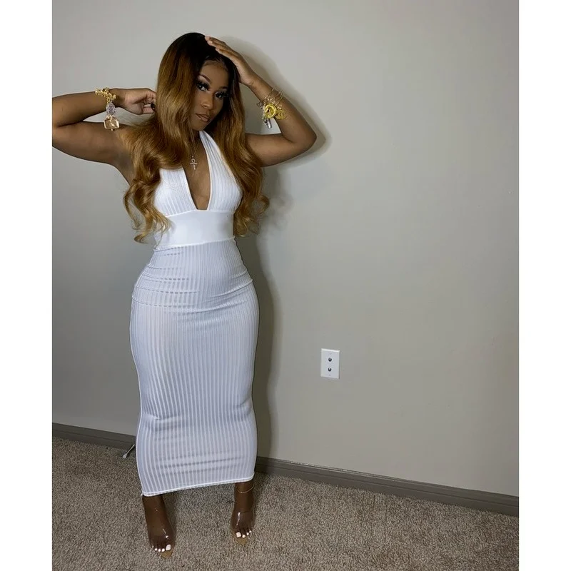 

2021 Summer Women's Dress Solid Color Ribbed V-neck Halterneck Dress Sexy Backless Party Club Dress Retro Sleeveless Sundress
