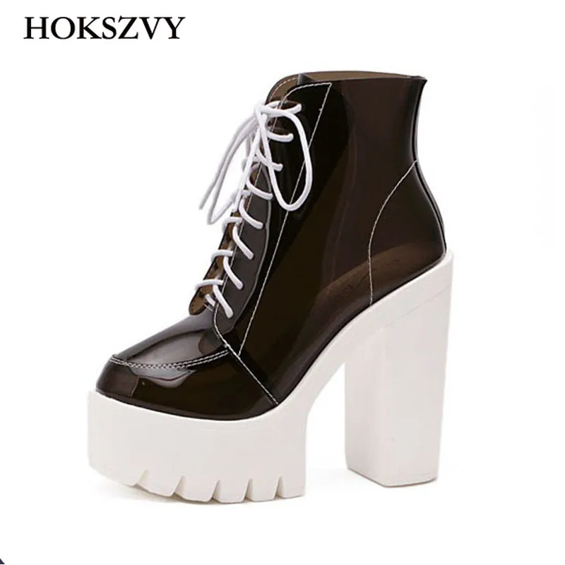 2018 г. женские сапоги на квадратном каблуке прозрачные водонепроницаемые