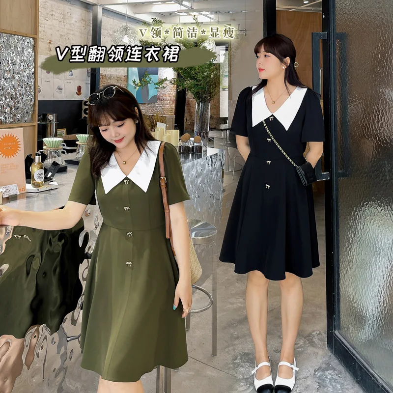 

Women'S Summer V-Neck Two-Color Bowknot Slim Fashion Plus Size Dress