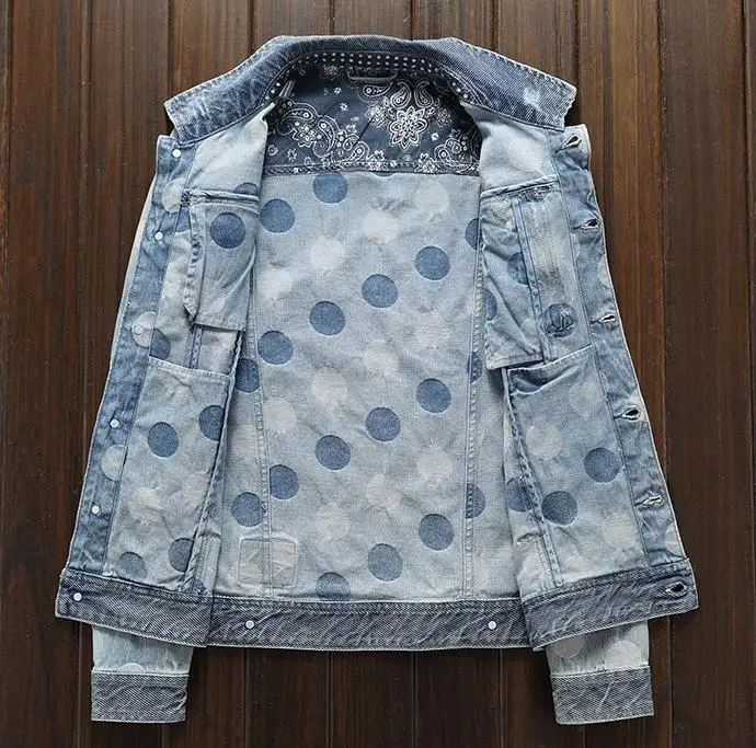 BONJEAN Mens Polka Dot Denim Jacket Mal Rock Fashion Light Blue Slim Casual Biker Jackets Coat Drop Shipping