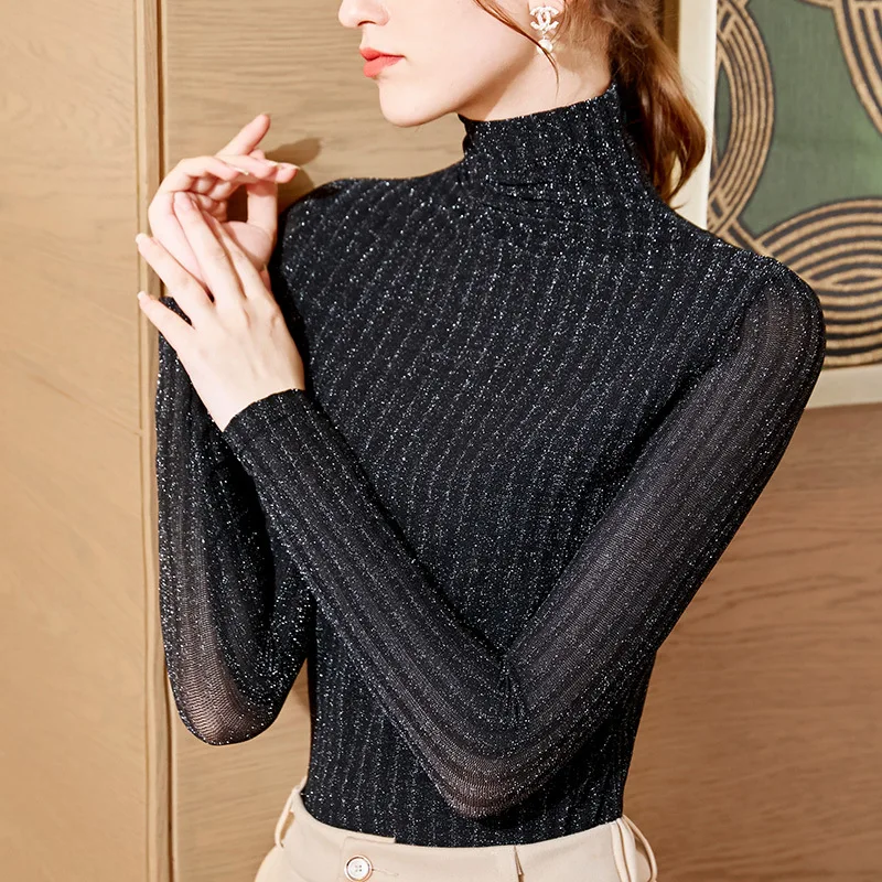 

Bright Silk Top 2020 Spring New Women's Inner Long-Sleeved T-shirt Sexy Tight Turtleneck Mesh Bottoming Shirt