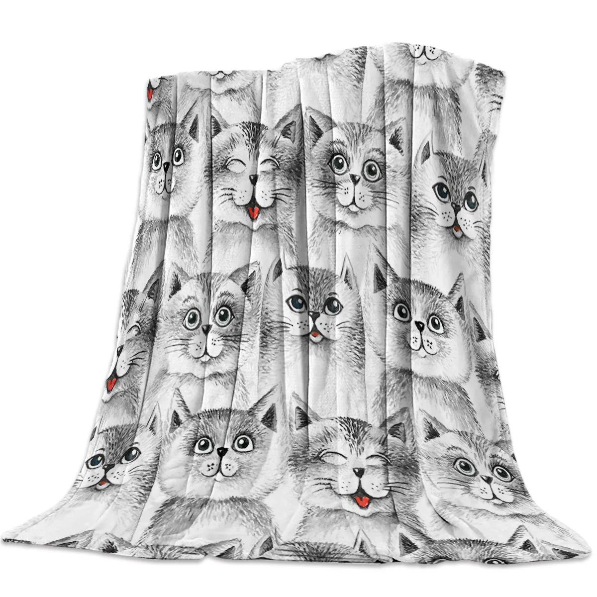 Черно белое мягкое одеяло в виде кота мультяшное Флисовое для