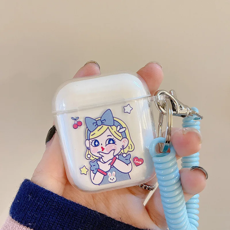 

For AirPods Case Cartoon Cute Thinking Girl Soft TPU Clear Earphone Case For AirPods 2 3 AirPods Pro Earphone Cover with Lanyard